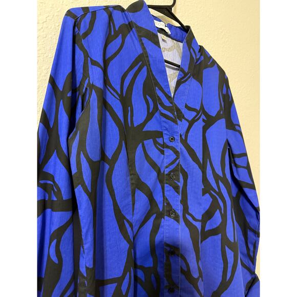 Abstract Print Button Down Tunic Women M Top Flip Cuff Long Sleeve Dressy Blouse - Picture 2 of 9